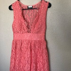 Pink lace mini dress w/ flowing skirt